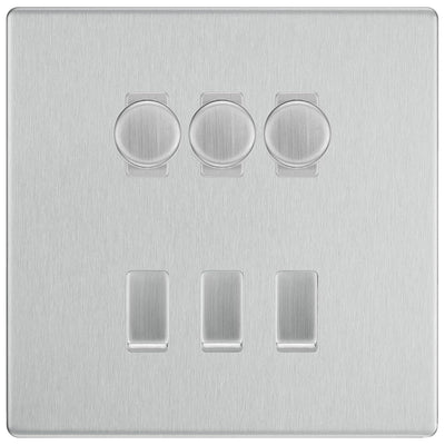 BG Screwless Brushed Steel 6 Gang Switch 3x Trailing Edge LED Dimmer 3x 2Way Custom Switch by British General (BG-SCRL-BS-6G-CUSTOM-3x-Dimmer-3x-2WAY)