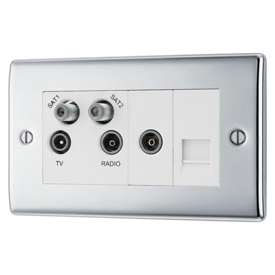 BG Nexus Polished Chrome Quadplex TV FM SAT (x2) NPC69 with 25mm Steel Back Box