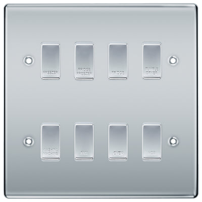 BG Polished Chrome 8 Gang Engraved Custom Labelled Appliance Grid Switch by British General (BG-POLISHED-CHROME-CUSTOM-8GANG-SWITCH)