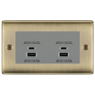 BG Antique Brass 4G Faceplate with 45W USB A+C Charger Modules - Grey Insert