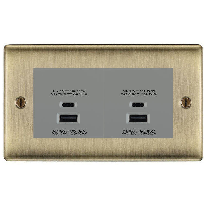 BG Antique Brass 4G Faceplate with 45W USB A+C Charger Modules - Grey Insert