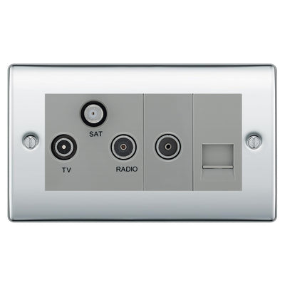 BG Nexus Polished Chrome TV/FM/SAT + Return & 1 Gang Tel - Screened Triplex Socket NPC68G