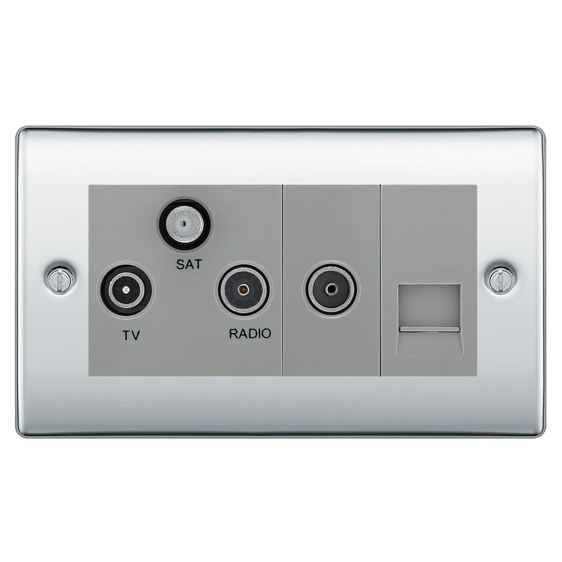 BG Nexus Polished Chrome TV/FM/SAT + Return & 1 Gang Tel - Screened Triplex Socket NPC68G