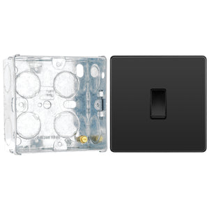 BG Evolve Black Chrome 1 Gang 20A 16AX 2 Way Light Switch PCDBC12B with 35mm Steel Back Box by British General