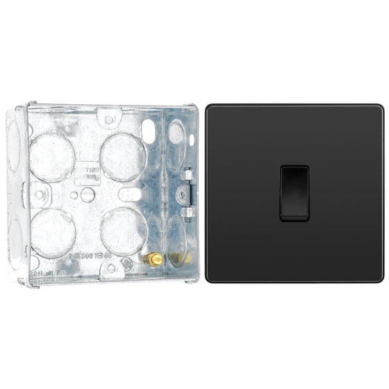 BG Evolve Black Chrome 1 Gang 20A 16AX 2 Way Light Switch PCDBC12B with 35mm Steel Back Box