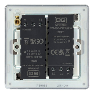 BG Screwless Black Nickel 200W 2 Way Double Trailing Edge Dimmer Switch FBN82 with 25mm Steel Back Box