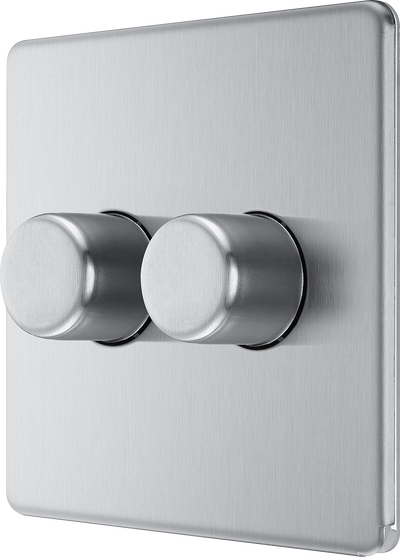 BG Electrical FBS82 Nexus Flatplate Screwless Brushed Steel 2 Gang 200W 2 Way Trailing-Edge Push Dimmer Switch