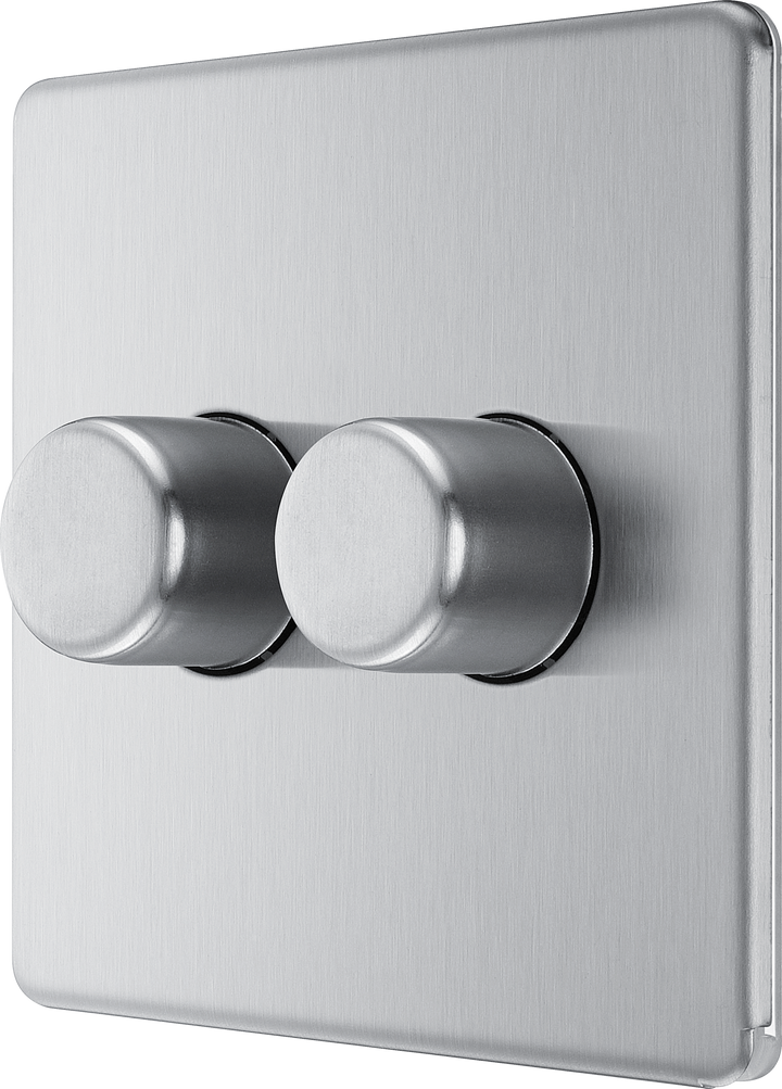 FBS82 Side - This trailing edge double dimmer switch from British General allows you to control your light levels and set the mood. The intelligent electronic circuit monitors the connected load and provides a soft-start with protection against thermal