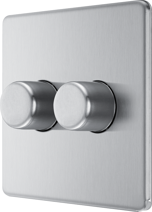 FBS82 Side - This trailing edge double dimmer switch from British General allows you to control your light levels and set the mood. The intelligent electronic circuit monitors the connected load and provides a soft-start with protection against thermal