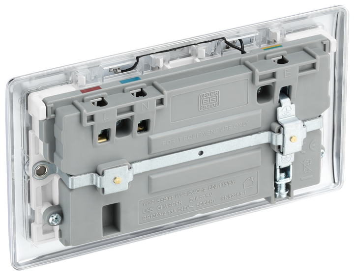 NPC22UWRW Back - This 13A double power socket with integrated Wi-Fi Extender from British General will eliminate dead spots and expand your Wi-Fi coverage.