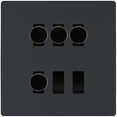 BG Evolve Matt Grey 6 Gang Switch 4x Trailing Edge LED Dimmer, 1x Intermediate, 1x 2-Way Switch