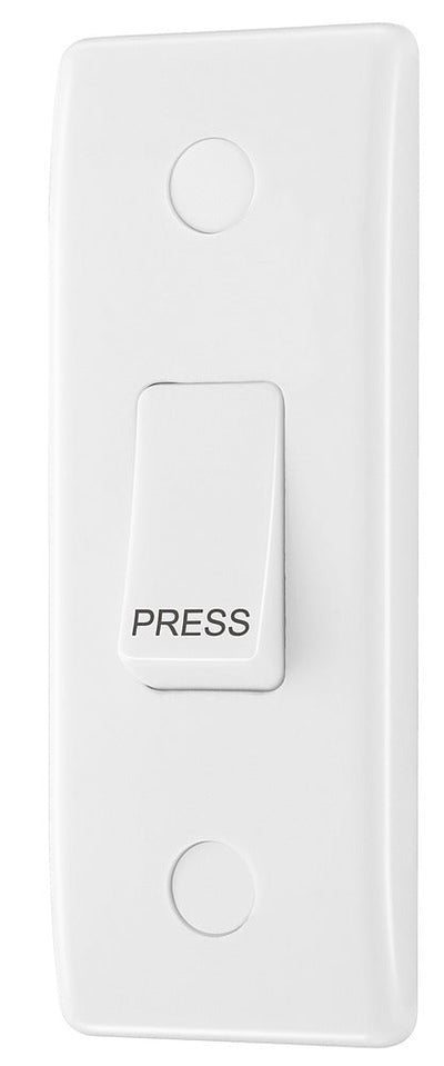 BG 849 White Round Edge 10A Single Architrave Switch marked PRESS 1 Way