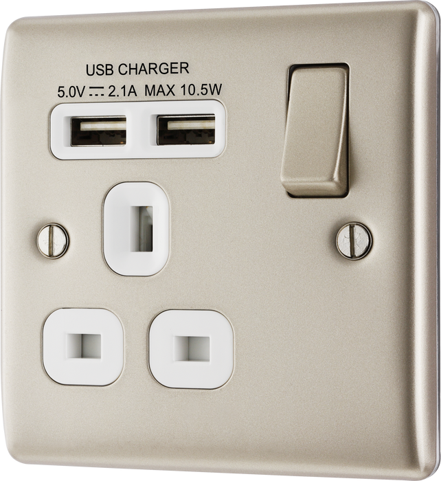 NPR21U2W Front - This 13A single power socket from British General comes with two USB charging ports allowing you to plug in an electrical device and charge mobile devices simultaneously without having to sacrifice a power socket. The Nexus Metal range has a sleek and slim profile with softly rounded edges