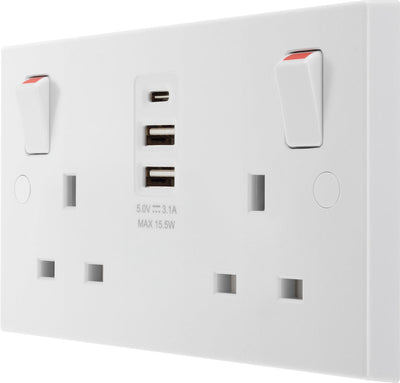 BG 922UAAC15 White Square Edge 13A Double Socket + 2xUSB A +1xUSB C(15W) by British General (BG-922UAAC15)