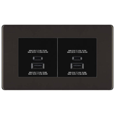 BG Screwless Black Nickel 4G Faceplate with 45W USB A+C Charger Modules – Black Insert by British General (BG-FBNEMR4+EMUSBAC45B)