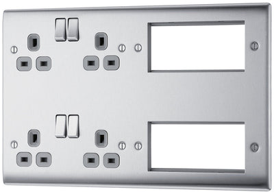 BG NBS222EM8G Nexus Metal 2x 2G Socket 13A + 2x 4 Module Aperture - Grey Insert - Brushed Steel by British General (BG-NBS222EM8G)