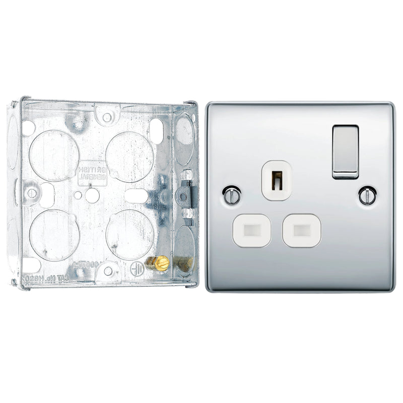 BG Nexus Metal Polished Chrome 13A Single Socket NPC21W with 25mm Steel Back Box