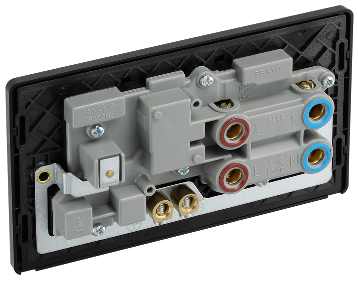 PCDSB70B Back - This Evolve Satin Brass 45A cooker control unit from British General includes a 13A socket for an additional appliance outlet, and has flush LED indicators above the socket and switch.