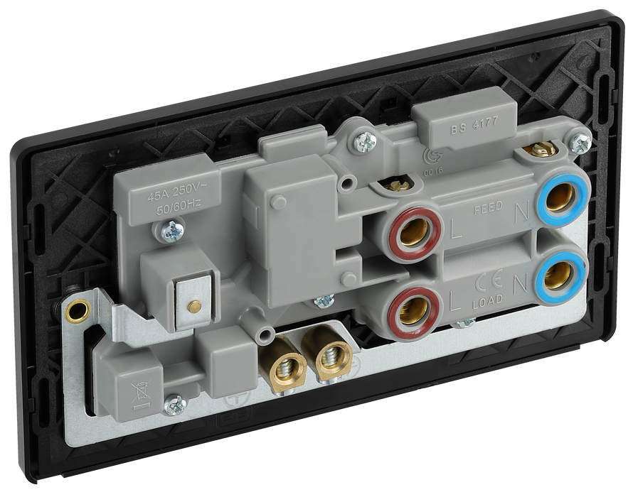 PCDSB70B Back - This Evolve Satin Brass 45A cooker control unit from British General includes a 13A socket for an additional appliance outlet, and has flush LED indicators above the socket and switch.