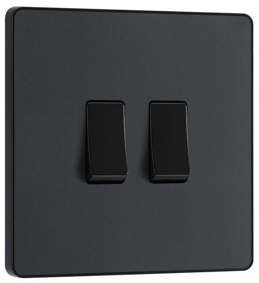 PCDMG42B Front - This Evolve Matt Grey 20A 16AX double light switch from British General can operate 2 different lights, whilst the 2 way switching allows a second switch to be added to the circuit to operate the same light from another location (e.g. at the top and bottom of the stairs).