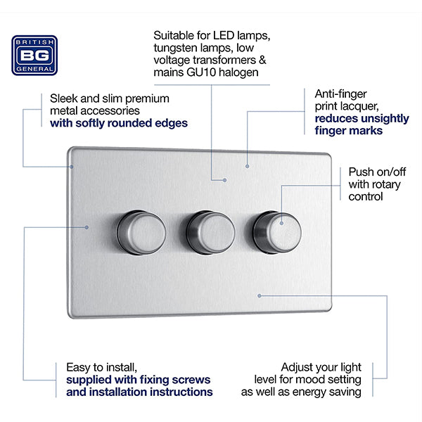 BG FBS83P Flatplate Screwless 3 Gang, 2 Way, 400w Brushed Steel Dimmer Switches