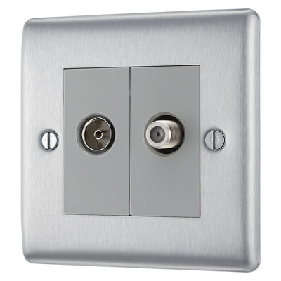 BG Nexus Brushed Steel 2 Gang Satellite & Co-axial Socket NBS65 with 35mm Steel Back Box