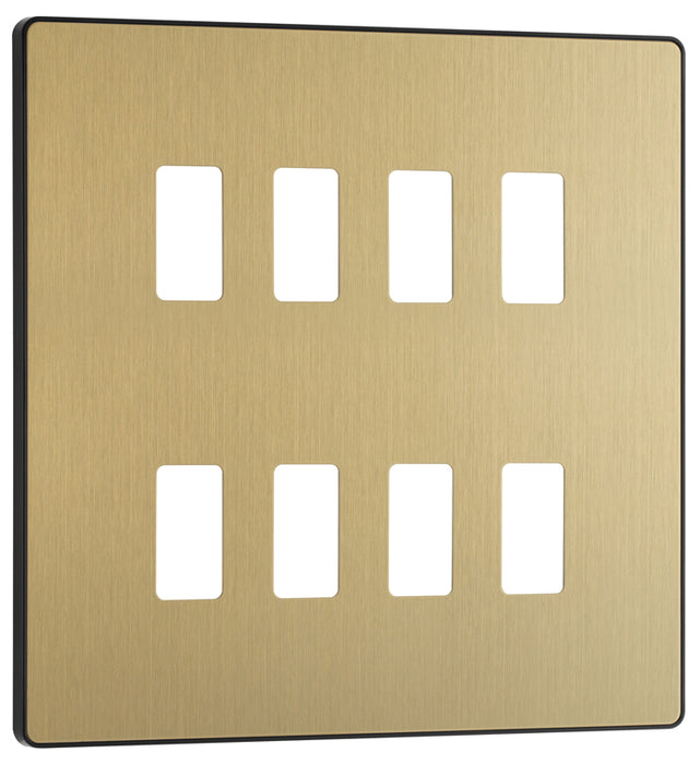 BG RPCDSB8B Evolve Grid Satin Brass 8 Module Square Front Plate - Black Trim