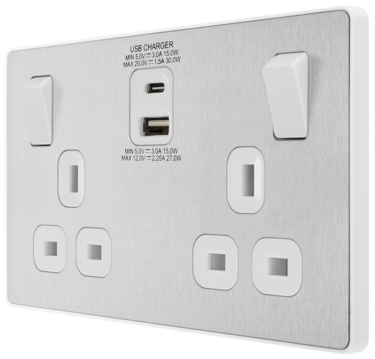 PCDBS22UAC30W Side - This Evolve Brushed Steel 13A power socket from British General with integrated fast charge USB-A and USB-C ports delivers a 50% charge to mobile phones in just 30 minutes.