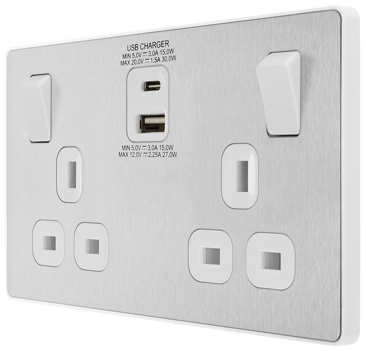 PCDBS22UAC30W Side - This Evolve Brushed Steel 13A power socket from British General with integrated fast charge USB-A and USB-C ports delivers a 50% charge to mobile phones in just 30 minutes.