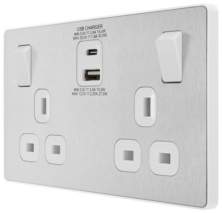 PCDBS22UAC30W Side - This Evolve Brushed Steel 13A power socket from British General with integrated fast charge USB-A and USB-C ports delivers a 50% charge to mobile phones in just 30 minutes.