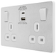 PCDBS22UAC30W Side - This Evolve Brushed Steel 13A power socket from British General with integrated fast charge USB-A and USB-C ports delivers a 50% charge to mobile phones in just 30 minutes.