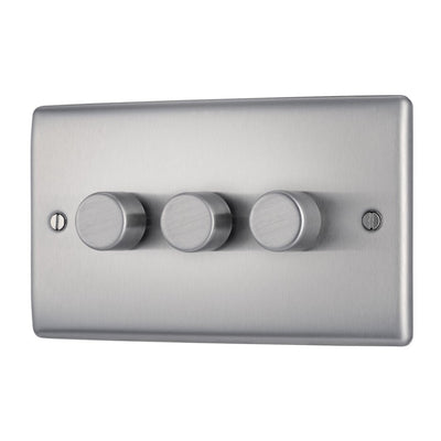 BG Nexus Brushed Steel 200W 2-Way 3 Gang Trailing Edge Push Dimmer & Surface Pattress Back Box