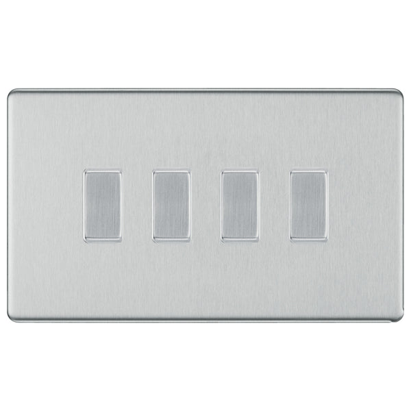 BG Brushed Steel Screwless Flat Plate 4 Gang Light Switch 1x Intermediate 3x 2 Way Custom Switch