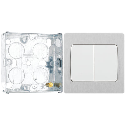 BG Evolve Brushed Steel 2 Gang 20A 16AX 2 Way Wide Rocker Light Switch PCDBS42WW with 25mm Steel Back Box