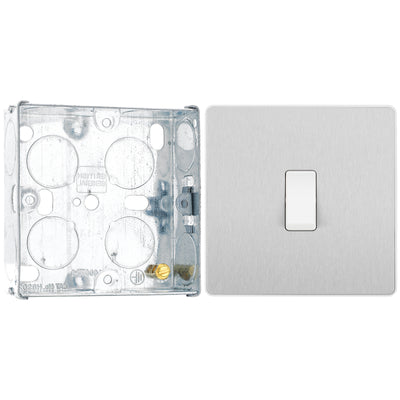 BG Evolve Brushed Steel 1 Gang 20A 16AX 2 Way Light Switch PCDBS12W with 25mm Steel Back Box