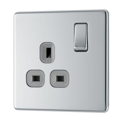 BG Screwless Polished Chrome 13A Single Switched Socket FPC21G with 25mm Steel Back Box