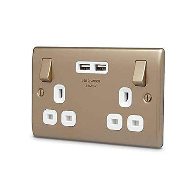 BG Electrical NPR22U3W Nexus Metal Pearl Nickel Double Switched 13A Power Socket With USB Charging - 2X USB Sockets (3.1A) White Insert