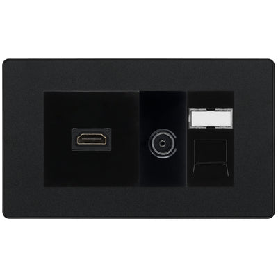 BG Evolve Media Wall Plate — TV Aerial, HDMI & CAT6 | Matt Black Screwless by British General