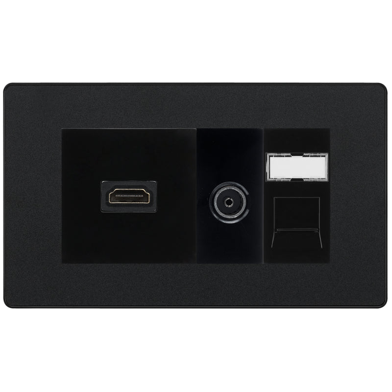 BG Evolve Media Wall Plate — TV Aerial, HDMI & CAT6 | Matt Black Screwless