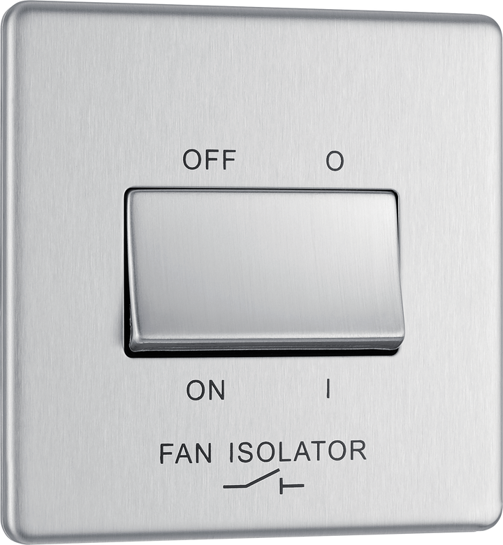 FBS15 Front - This Screwless Flat plate brushed steel finish 10A triple pole fan isolator switch from British General provides a safe and simple method of isolating mechanical fan units. 