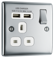 BG NPC21U2W Nexus Metal Polished Chrome 1 Gang 13A 2x USB-A 2.1A Switched Socket - White Insert by British General (BG-NPC21U2W-Shopify-SA_1)