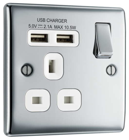 NPC21U2W Front - This 13A single power socket from British General comes with two USB charging ports allowing you to plug in an electrical device and charge mobile devices simultaneously without having to sacrifice a power socket.