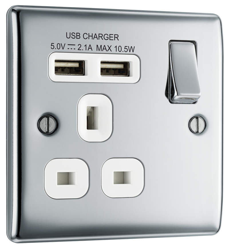 BG NPC21U2W Nexus Metal Polished Chrome 1 Gang 13A 2x USB-A 2.1A Switched Socket - White Insert