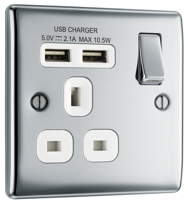 NPC21U2W Front - This 13A single power socket from British General comes with two USB charging ports allowing you to plug in an electrical device and charge mobile devices simultaneously without having to sacrifice a power socket.
