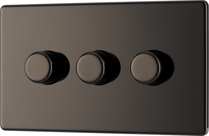 FBN83 Front -This trailing edge triple dimmer switch from British General allows you to control your light levels and set the mood. The intelligent electronic circuit monitors the connected load and provides a soft-start with protection against thermal, current and voltage overload.