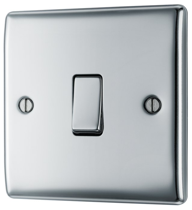 NPC12 Front - This polished chrome finish 20A 16AX single light switch from British General will operate one light in a room. The 2 way switching allows a second switch to be added to the circuit to operate the same light from another location (e.g. at the top and bottom of the stairs). This switch has a sleek and slim profile.