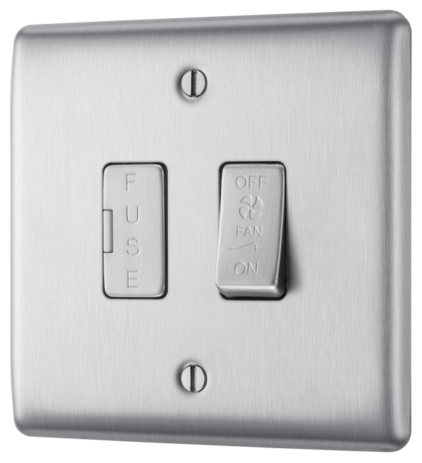 NBS15F Front - This Nexus Metal 10A triple pole fan isolator switch from British General has a separate fuse carrier and provides a safe and simple method of isolating mechanical fan units. The brushed steel finish frontplate has an anti-fingerprint lacquer, a sleek and slim profile and softly rounded edges.