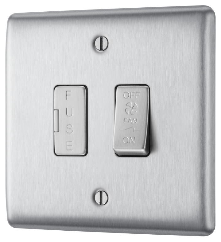 NBS15F Front - This Nexus Metal 10A triple pole fan isolator switch from British General has a separate fuse carrier and provides a safe and simple method of isolating mechanical fan units. The brushed steel finish frontplate has an anti-fingerprint lacquer, a sleek and slim profile and softly rounded edges.