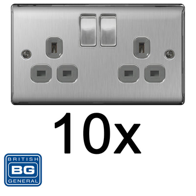 BG Brushed Steel Satin Chrome Double Socket NBS22G Multipack 2 Gang Twin Socket