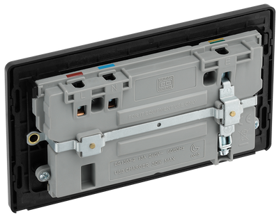 PCDSB22UAC30B Back - This Evolve Satin Brass 13A power socket from British General with integrated fast charge USB-A and USB-C ports delivers a 50% charge to mobile phones in just 30 minutes. These sockets allow you to charge your devices without sacrificing power sockets, and with no need for bulky adaptors.